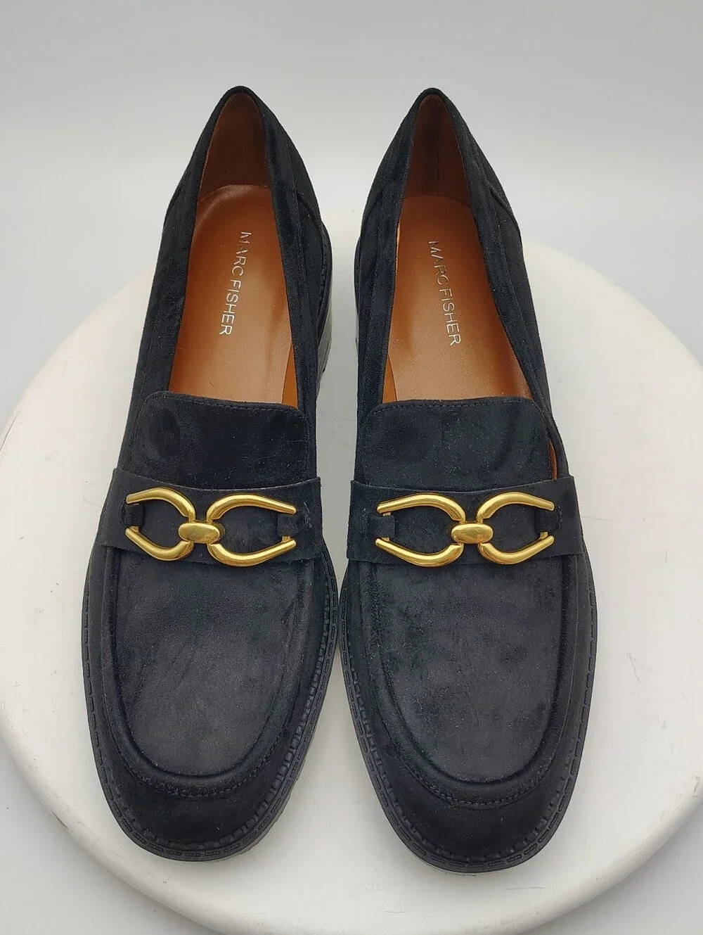 New Marc Fisher Black Suede Lug Sole Loafers with Gold Hardware Accents Size 9.5